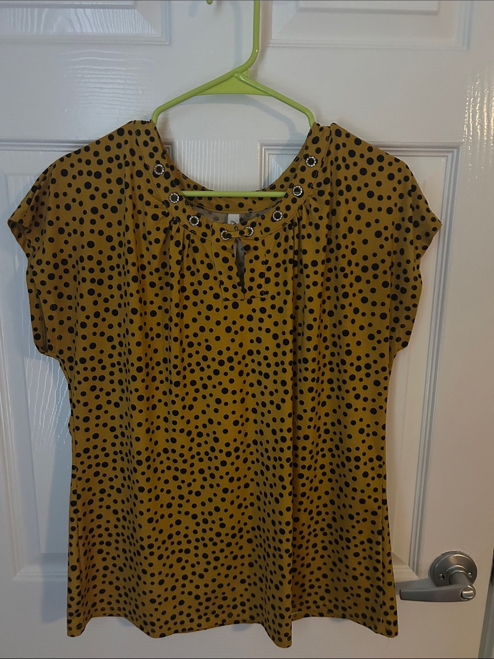 NY Collection Mustard Yellow Polka Dot Short Sleeve Blouse